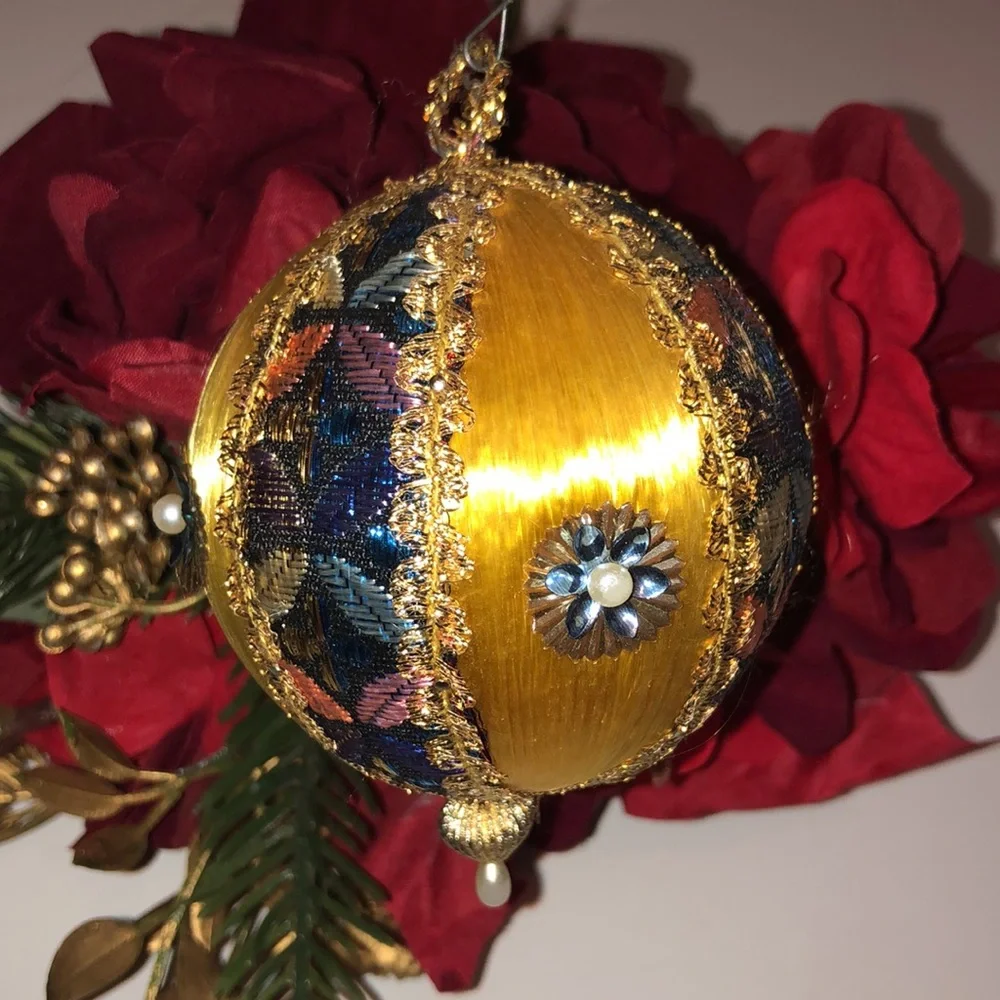 Gold Silk Ball Ornament Yellow Silk beaded ornament mid century Christmas